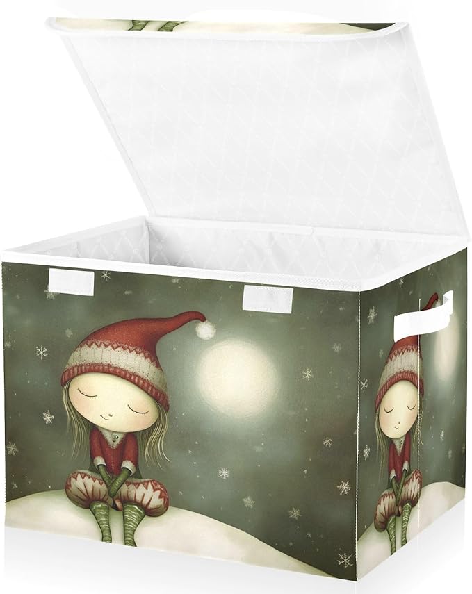 AIXIWAWA Lidded Storage Cube (Cute Fairy Christmas) Fabric Foldable Closet Bins with Flip Lid and Handles Organizer Basket Container 16.5 x 12.6 x 11.8 IN
