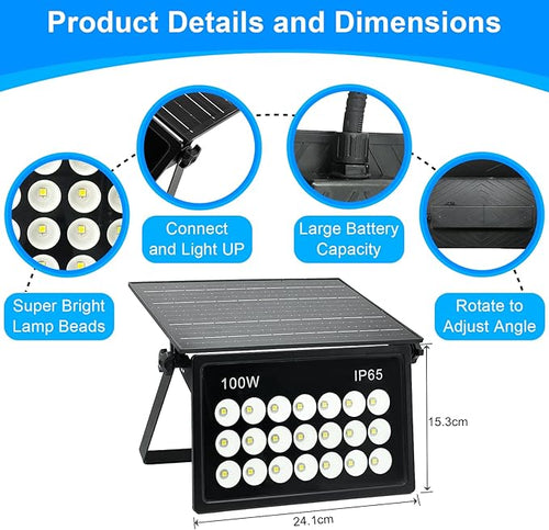 100W Solar Security Lights Solar Flood Lights Solar Lights Outdoor Waterproof Dusk to Dawn Solar Powered Security Lights 6500K Cool White for Porch Patio Yard Garage Garden