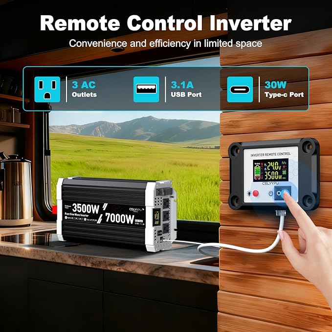 3500 watt Pure sine Wave Inverter 24V DC to 110V AC Power Inverter with 3 AC Output sockets USB Port Type-C Port Remote Control with LCD Screen Used for Solar Emergency Power Supply in RV Homes