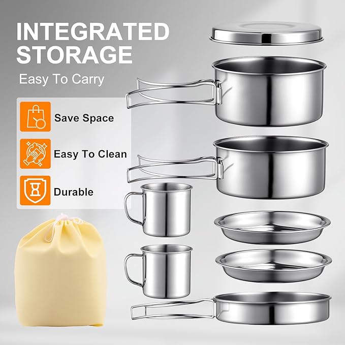 Stainless Steel Camping Cookware Mess Kit - Portable Backpacking Cooking Set with Pot/Plates/Cups &amp Storage Bag Outdoor Cookware for Hiking Picnic Camping &amp Backpacking Adventures（8PCS）