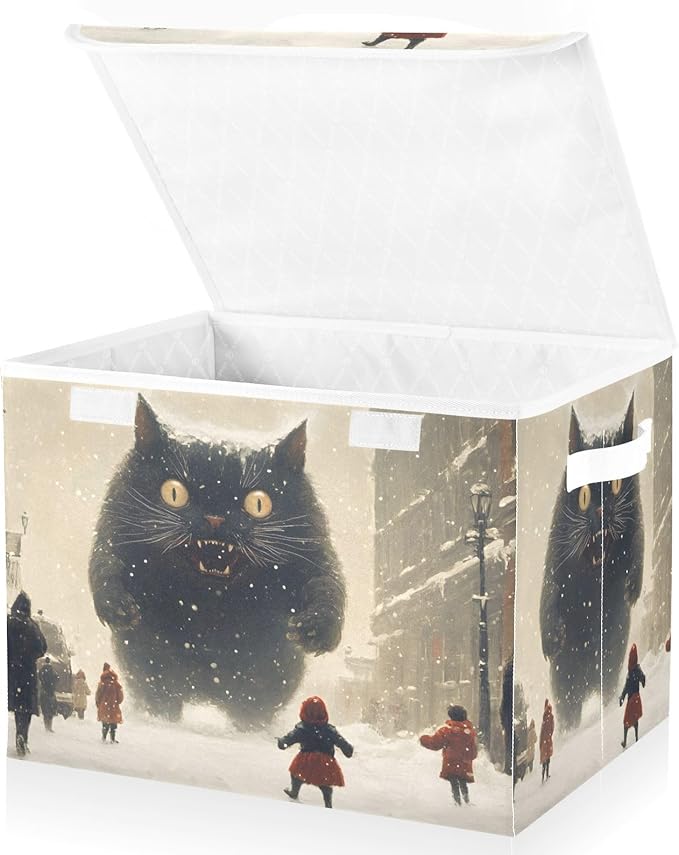 AIXIWAWA Lidded Storage Cube (Monster Cat in City) Fabric Foldable Closet Bins with Flip Lid and Handles Organizer Basket Container 16.5 x 12.6 x 11.8 IN