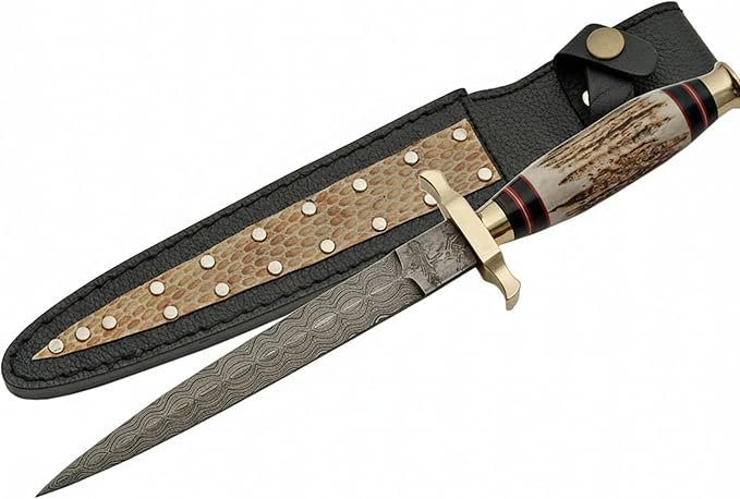 SANZ Damascus Athame Hunting Knife 12.5 Inch - Camping Knife with Stag Handle Full Tang Blade &amp Sheath - Pocket Knife for Hunting Camping &amp Outdoor uses