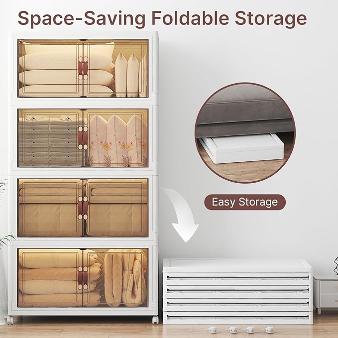 UAMFURI Stackable Storage Bins with Lids 720QT Closet Organizers and Storage with Doors and Wheels Extra Large Storage Cabinet Collapsible Plastic Drawers for Bedroom Dorm Office Garage
