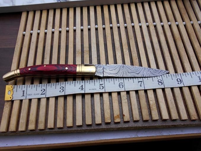 Damascus Depot Laguiole style Folding knife with real Damascus steel blade 8.5 Long with 4 hand forged twist patren Blade. wood Camel Bone and Bull horn scale with brass bolster. Cow hide leather