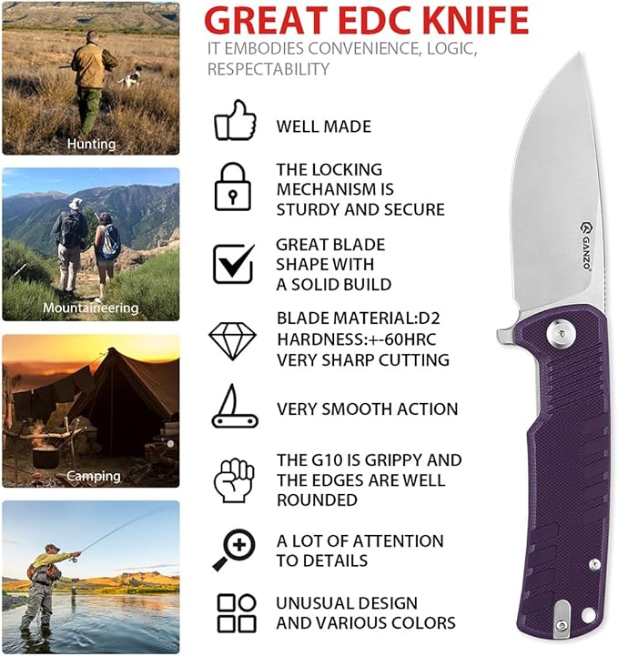 Ganzo G769-GR Folding Pocket Knife Razor Sharp D2 Stainless Steel Blade G10 Anti-Slip Handle with Clip Outdoor Hunting Fishing Hiking EDC Folder Best Gift for Men (Green)