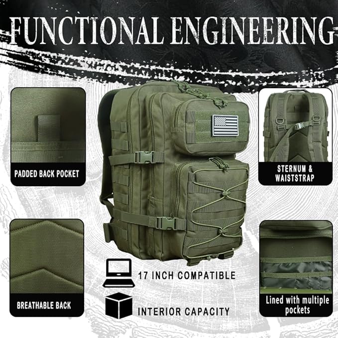 38L Military Tactical Backpack for Men Army 3 Day Assault Pack Molle Bag Bug Out Bag Green