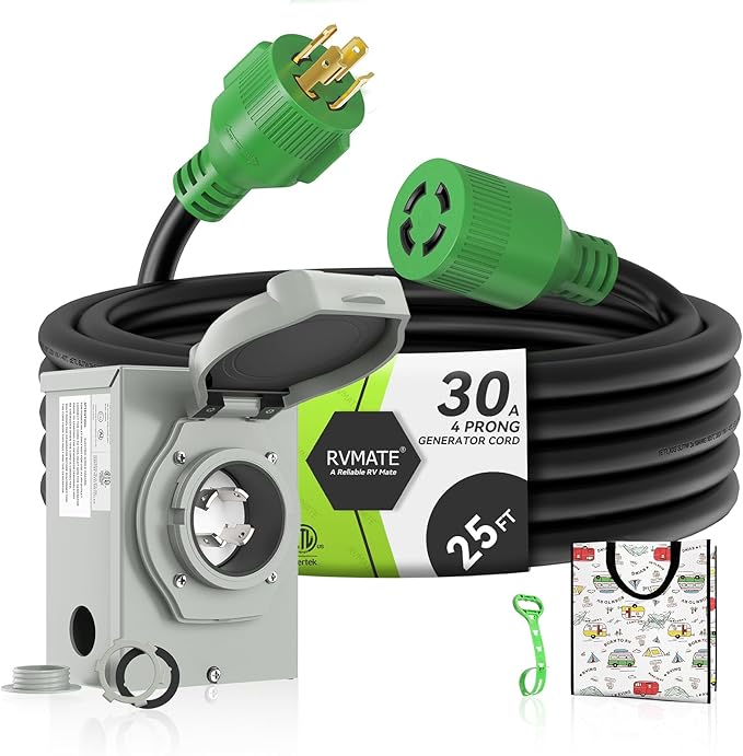 RVMATE 4 Prong 30 Amp Generator Cord (25FT) and Pre-Drilled Power Inlet Box Waterproof Combo Kit NEMA L14-30P to L14-30R Generator Cord with NEMA L14-30P Generator Inlet ETL Listed