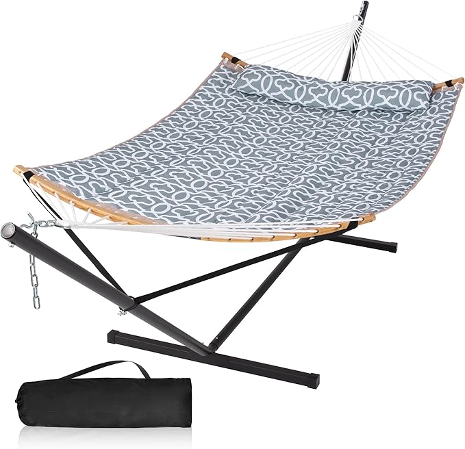 Double Hammock with Stand Included Portable Hammock with Curved Spreader Bar Pillow and Carrying Bag 450 Lbs Capacity Grey Pattern