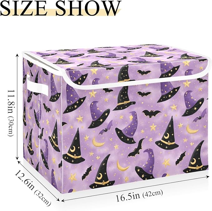 Halloween Purple Wizard Hats Bats Stars Storage Box with Lid 1 PC Foldable Storage Bin with Lids Stackable Storage Bins Cube Closet Organizer Basket with Flip-Top Lid &amp Handles for Shoes Books Tow