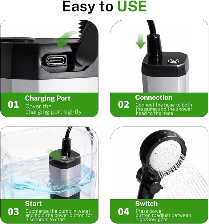Portable Camping Shower with Heater Long-Lasting 6000mAh Rechargeable Camping Shower with Sprayer Head4 Spray ModesIPX7 Waterproof Outdoor Camp Pump for Hiking Travel Car Pet