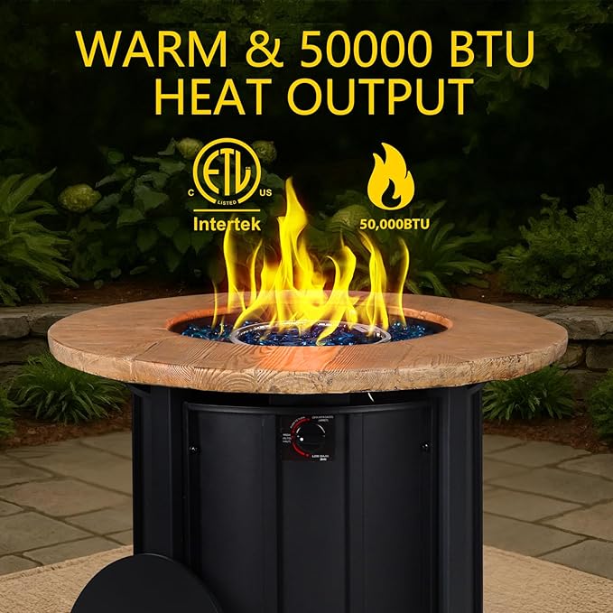 30 Inch Round Propane Fire Pit Table50000 BTU Outdoor Gas Firepit with Automatic Ignition &amp Lid CoverIron Steel Firepit for OutsidePatioDeckBackyard w Glass Stones &amp Rain Cover