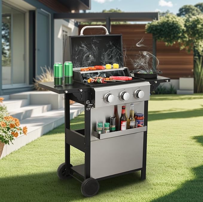 3-Burner Propane Gas BBQ Grill Stainless Steel Propane Grill 36900 BTU Outdoor Cabinet Style with Wheels Wire Rack and Two Foldable Side Table for Outdoor Barbecue Cooking (3-Burner GrillSilver)