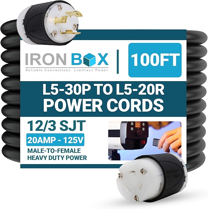 IronBox Electric NEMA L5-30P to L5-20R Plug Adapter Power Cord - 20A125V12/3 SJT - UL Listed Power Cable - Heavy Duty Extension Cord for Generator Data Centers Outdoor &amp More (100ft Custom Bu