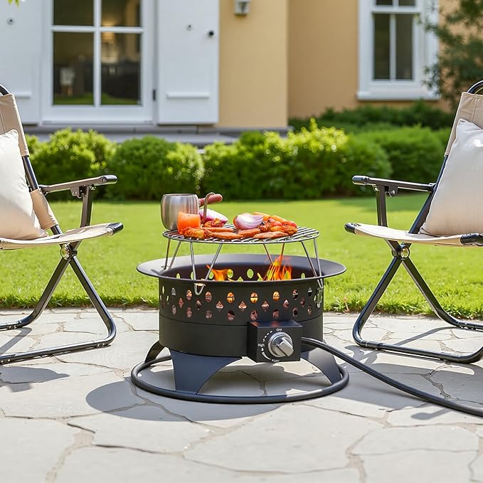 Breezz 20 Inch Propane Fire Pit with Grill 60000 BTU Smokeless Gas Firepit for Outside Patiowith Foldable Cooking Grate &amp 7 lbs Lava Rocks Adjustable Flame Outdoor Camping BBQ