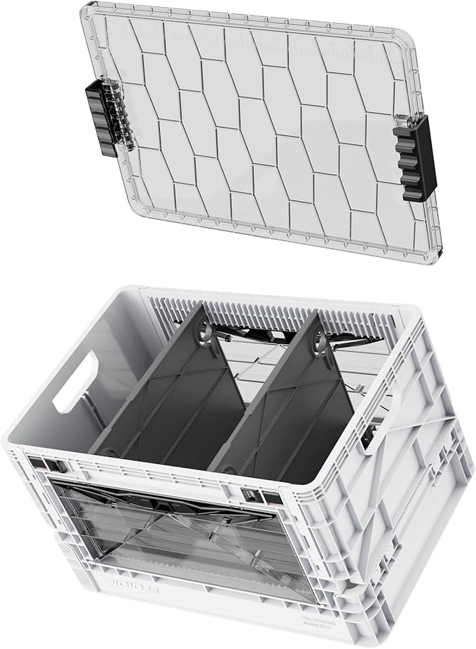 Full-Size Collapsible Crate - Heavy Duty Stackable Storage Bin with Lid &amp 2 Short-Ways Dividers Durable Plastic Organizer for Home Office Garage &amp Outdoor Use (White)