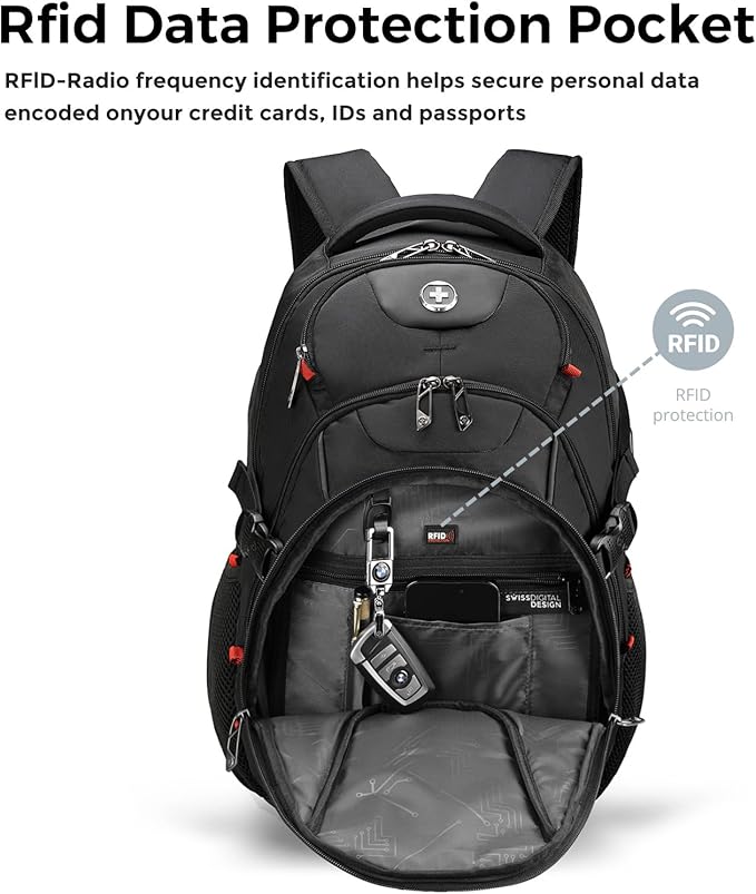 Swissdigital Design Laptop Backpack with USB Charging Port Travel Backpack Fits 15.6 inches Computer 31L College School Backpack for Men Black | SD803-01