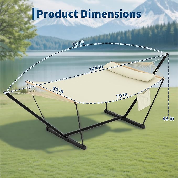 Double Hammock with Stand - Heavy Duty Portable 2 Person Design with Adjustable Steel Stand Max 450LBS Ideal for Outdoor Patio Garden Beach &amp Backyard
