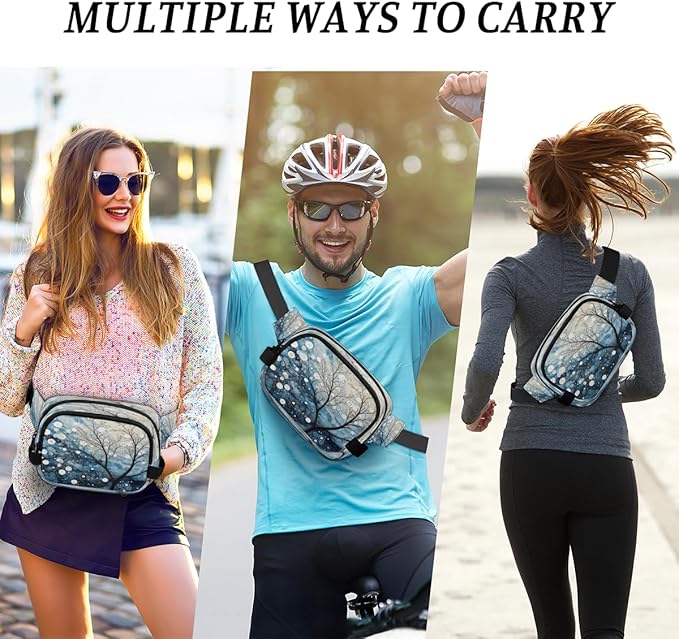 Abstract Hand Painted Tree Waterproof Fanny Pack for Women Men Adjustable Waist Bag with Double Zipper Pockets Lightweight Square Hip Pack for Running Travel Hiking Workout Cycling