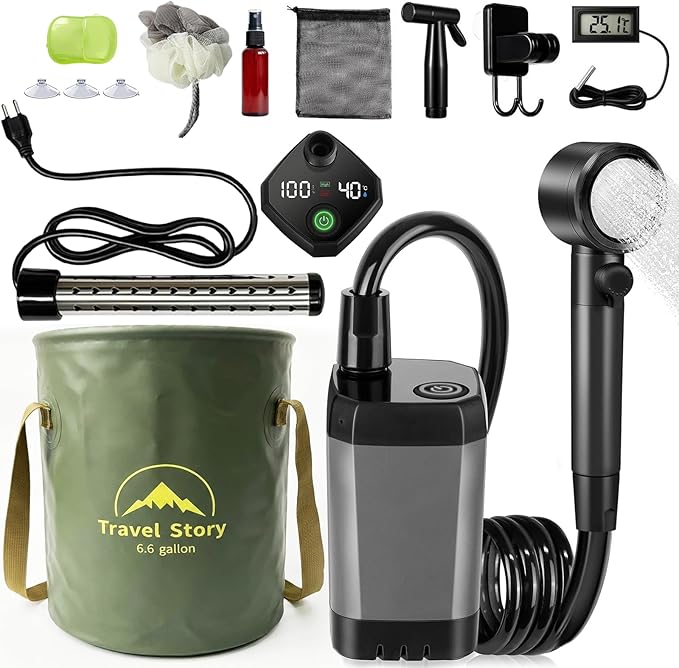 Portable Shower for Camping – 6000mAh Rechargeable Shower Pump with LED Display 3 Modes &amp Spray Nozzle – IPX7 Outdoor Shower Kit for Travel Beach Car Dog Bath
