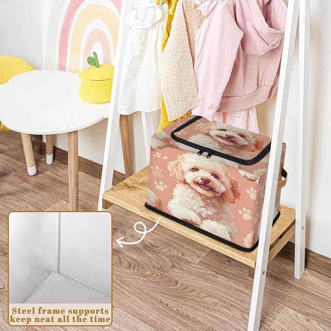 Teddy Dog Storage Box with Lid Cute Puppy Collapsible Storage Bins Baskets Cubes Closet Shelf Clothes Organizer Containers with PU Leather Handles