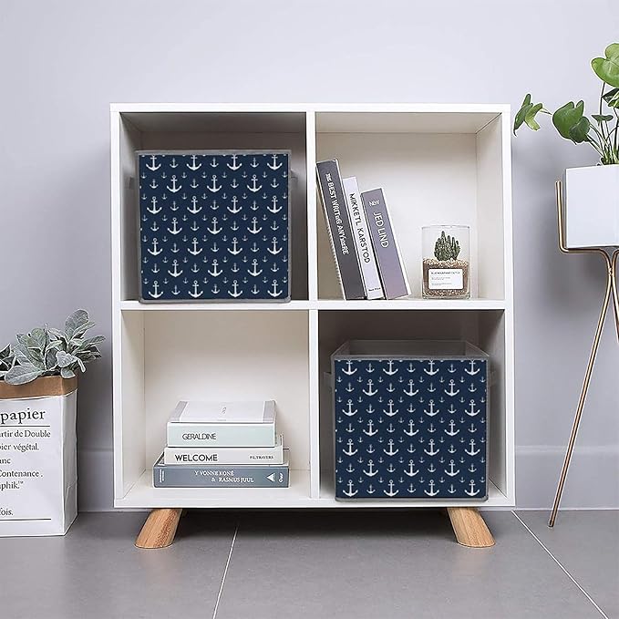 Collapsible Cube Storage Organizer with Handles Nautical Anchor Foldable Fabric Bin for Shelves Perfect for Closet Bathroom Kids' Room &amp Nursery