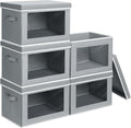 Homsorout Large Storage Bins with Lids - Stackable Cube Bins for Closet 5 Pack Clear Windows Fabric Organizer Bins Home Organizers and Storage for Clothes CD Towels Grey