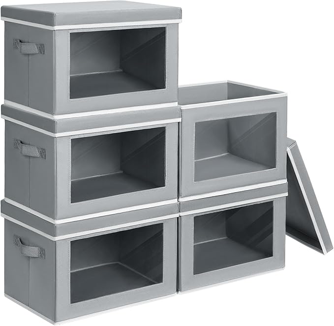 Homsorout Large Storage Bins with Lids - Stackable Cube Bins for Closet 5 Pack Clear Windows Fabric Organizer Bins Home Organizers and Storage for Clothes CD Towels Grey