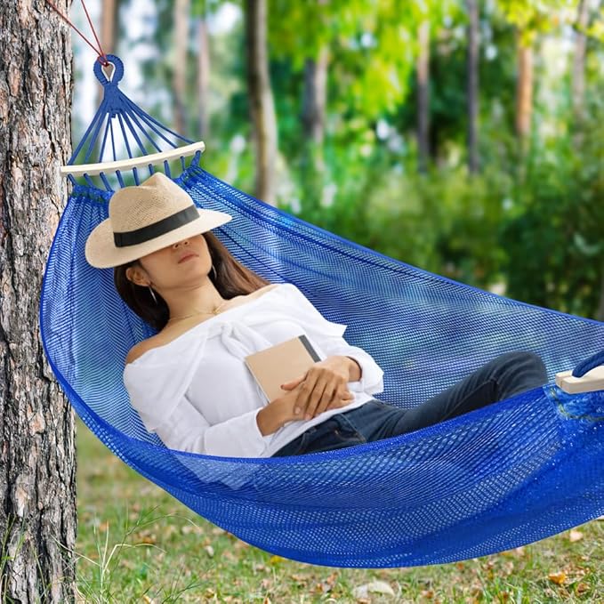 Outdoor Hammock Super Soft and Breathable Mesh Hammock Made of Cool Nylon with Wooden Bars for Indoor Balcony Terrace Garden Camping Backpacking