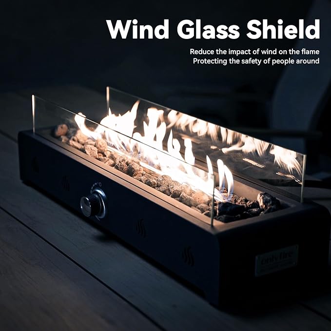 Onlyfire 28'' Tabletop Fire Pit Table Propane Gas Firepit Bottom Mounted for Table with Umbrella Hole Glass Wind Guard and Lava Rock Outdoor Rectangular Smokeless Fireplace