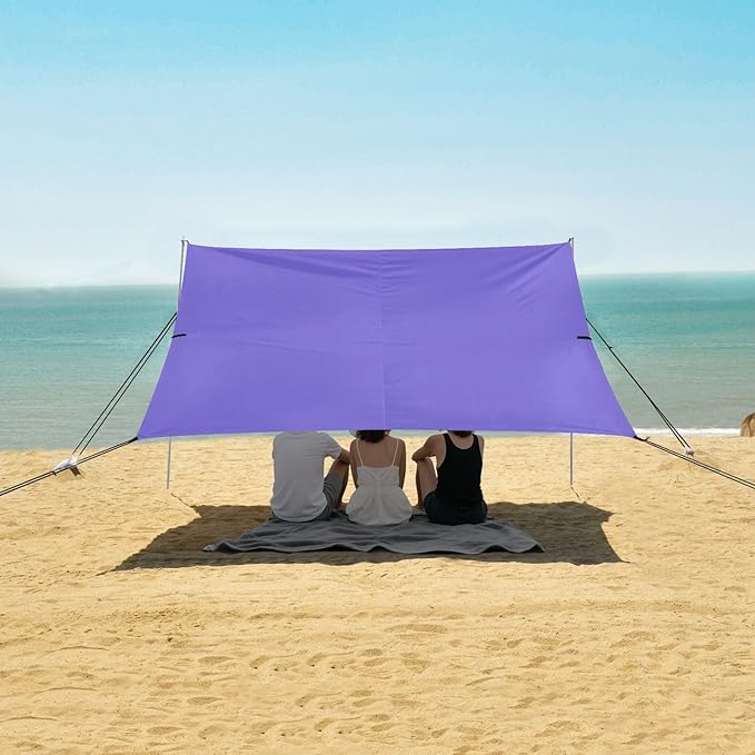 Slate Blue Purple Beach Cabana UPF50+ Protection Easy Setup Large Portable Sun Shelter with Sandbags Sand Shovel Poles for Camping Picnics Backyard