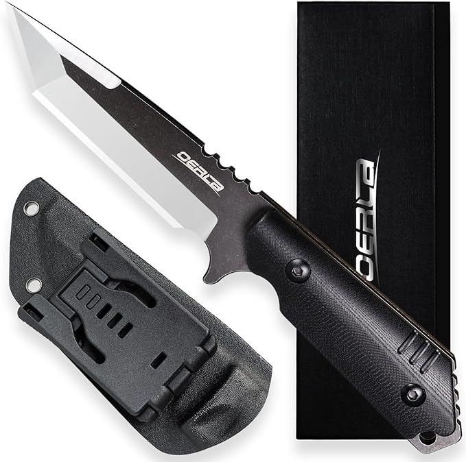 OERLA OLX-004 Tactical Survival Knife with Kydex Sheath Outdoor Fixed Blade with Belt Clip 420HC Steel Blade Camping Knife with G10 Handle