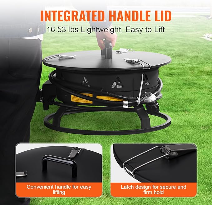 VEVOR Propane Fire Pit 19-Inch Diameter Outdoor Portable Gas Fire Pit with Cover &amp Lava Rocks Adjustable Flame Height Camping Firepit for Heating Lighting Gathering 58000 BTU Black