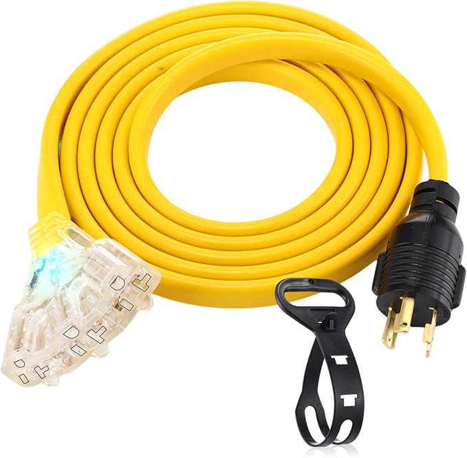 Tellegloww 10 ft NEMA L5-30P to 3X 5-20R/5-15R RV Generator Flat Extension Cord 30A 3Prong Lock Generator to 110V 15/20A Outlet Distribution Adapter 10 Gauge ETL Listed Yellow