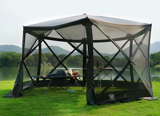EVER ADVANCED Pop Up Gazebo Screen House Tent for Camping 11.5 ft for 8-10 Person Instant Canopy Shelter with Netting Portable for Outdoor Backyard