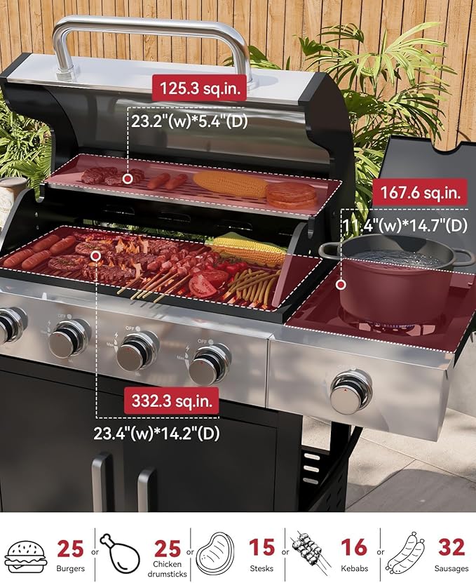 Aoxun 4-Burner Propane Grill with Side Burner 49000 BTU Gas Grill Stainless Steel Outdoor Grill with Cast Iron Grates &amp Side Tables for Backyard Patio CampingBlack