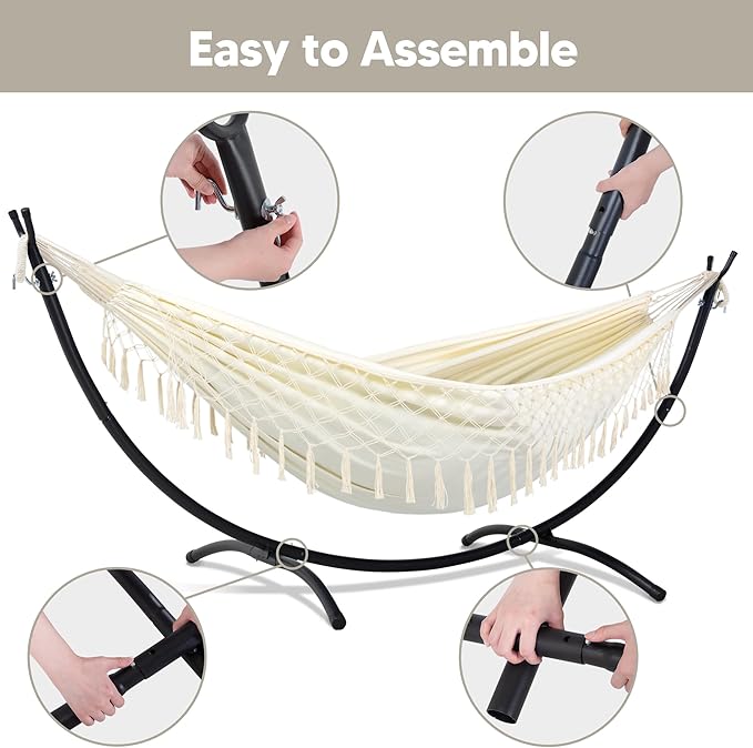 SUNCREAT Portable Outdoor Hammock with Stand Included Double Hammock with Tassel for Outside Beige