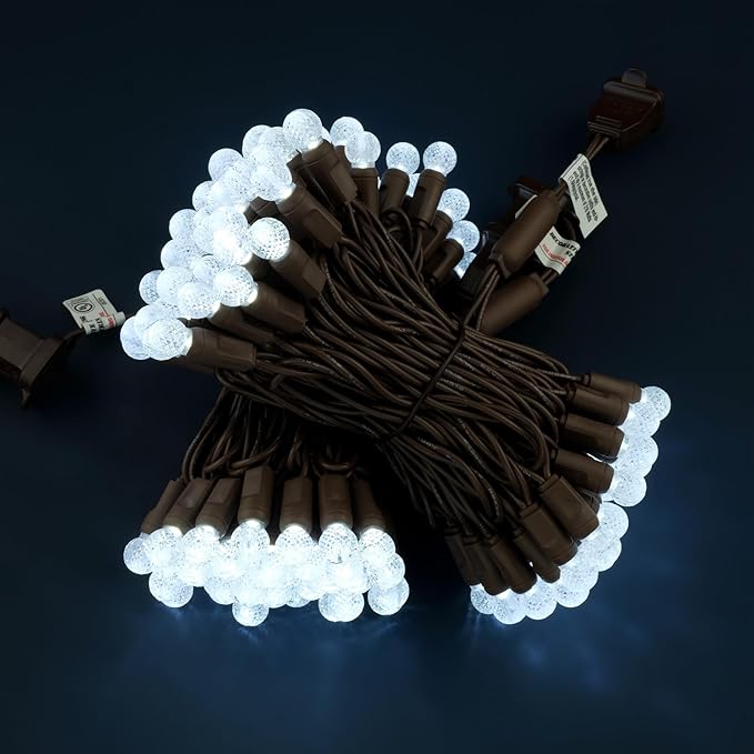 Cool White Raspberry One-Piece LED Christmas Lights 48 Feet 140 Count Pack of 2 Strands 70ct G12 High Waterproof UL Certified Brown Cord String Lights