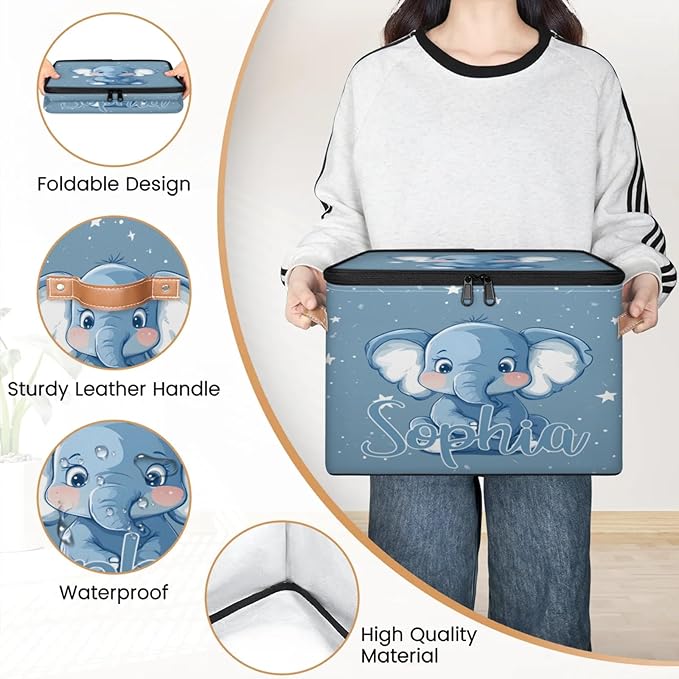 Custom Storage Basket with Name Personalized Storage Bins with Zipper Lid Foldable Fabric Storage Box Large capacity with Handle Elephant Star Blue