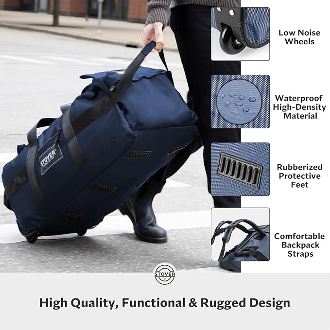 STOVER 45/80/100L Rolling Duffel Bag with Wheels Large Durable Travel Duffle + Toiletry Bag Heavy Duty Packable Foldable with Shoulder Straps- Use as Luggage or Backpack Men/Women (Blue)