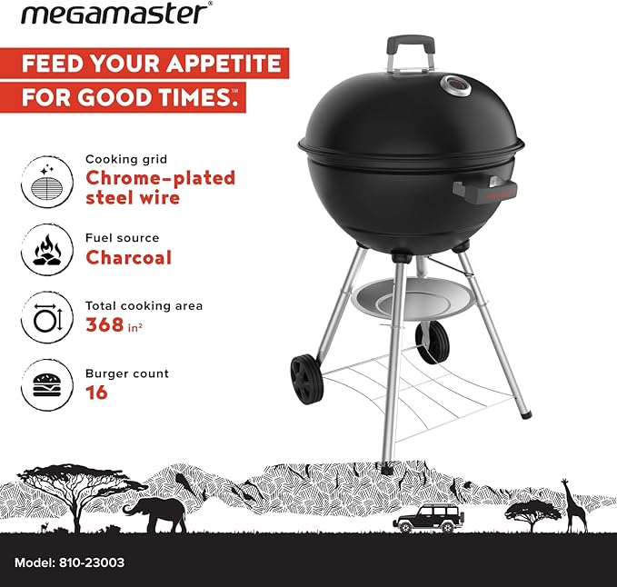 Megamaster 22 Deluxe Charcoal Barbecue Grill with Adjustable Air Vent Built-In Temperature Gauge 368 SQ. In Cooking Area Storage Rack Portable Grill for Camping Picnics and More - 810-23003