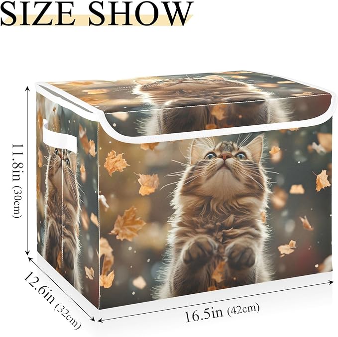 AIXIWAWA Lidded Storage Cube (Autumn Cat) Fabric Foldable Closet Bins with Flip Lid and Handles Organizer Basket Container 16.5 x 12.6 x 11.8 IN