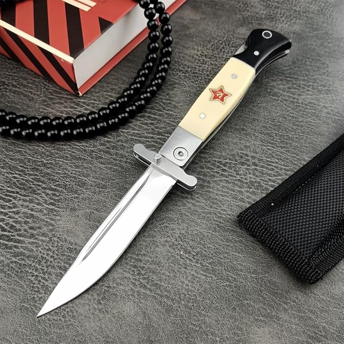 Goshawk Finka-NKVD KGB Folding Pocket Knife3.66 Mirror Polished 440C Blade and ABS HandleNylon SheathAssisted Opening Flipper Knife with Lockback EDC for Camping Hunting Survival (Ivory white)