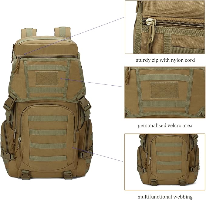 Hiking Backpack Men Large Tactical Travel Camping Survival Bug Out 3 Day Assault Bag Dayback Rucksack for Women (Khaki)