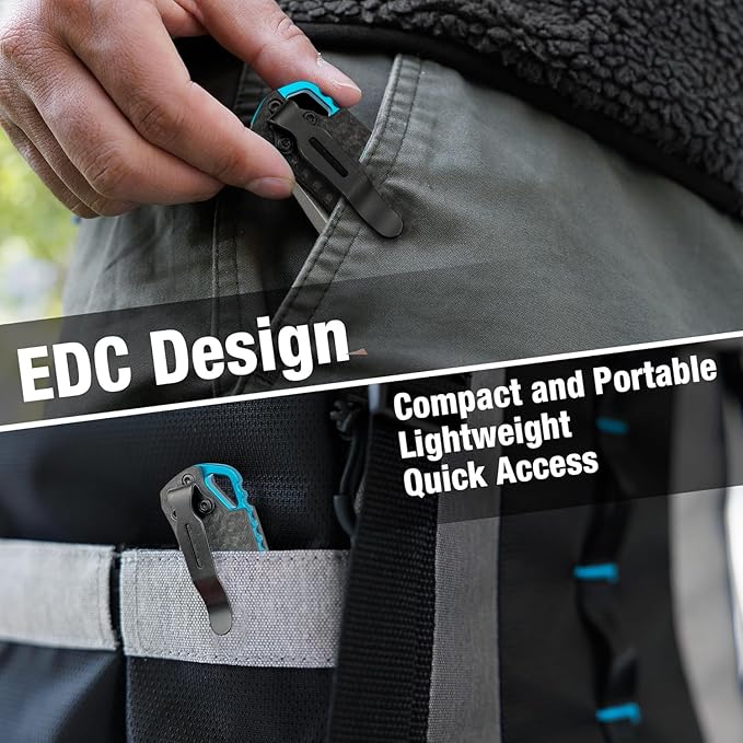 HUAAO Lightweight EDC Folding Pocket Knives For Men Satin Plain Edge D2 Blade Carbon Fiber Handle With Deep Carry Pocket Clip Everyday Carry Thumb Studs Manual Open