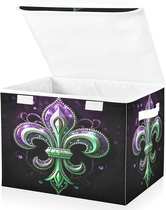 Christmas Storage Baskets with Lids Mardi Gras Collapsible Bins Stackable Fabric Linen Baskets Closet Organizer Container 16.5x12.6x11.8