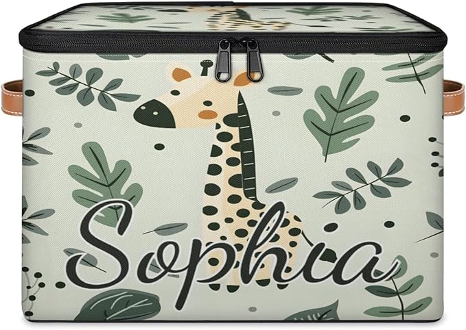 Custom Storage Basket with Name Personalized Storage Bins with Zipper Lid Foldable Fabric Storage Box Large capacity with Handle Giraffe Leaf