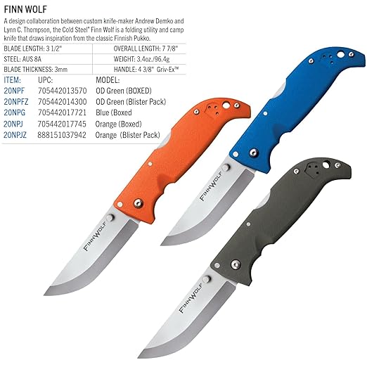 COLD STEEL Finn Wolf 3.5in AUS8A Razor-Sharp Straight Back Blade 4.375in Griv-Ex OD Green Handle Hunting Folding Knife Boxed