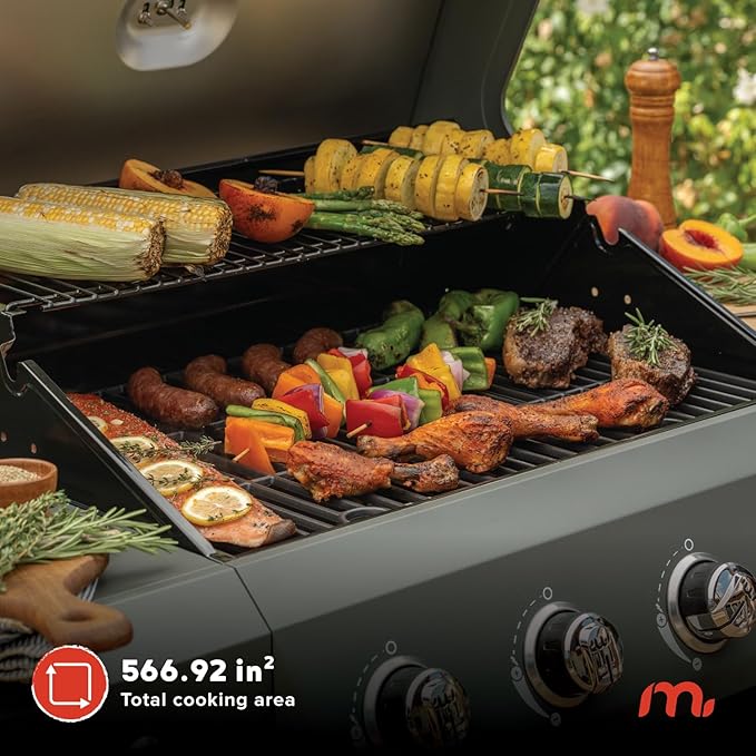 Megamaster 4-Burner Propane Gas Grill with Side Tables 44000BTUs 566.92 SQ. In. Cooking Space 2 Wheel Transport Outdoor Kitchen Grill for BBQs Backyards Tailgating and More - 720-1093B