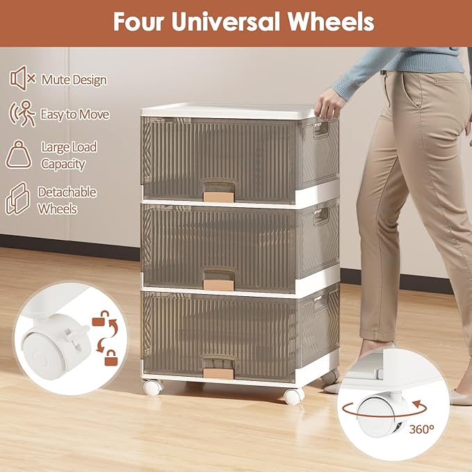 Giantex 3 Tier Stackable Storage Bins with Lids 13.5 Gal Foldable Shoe Storage Box with Detachable Wheels &amp Flip-Up Doors Collapsible Closet Organizers and Storage Bins