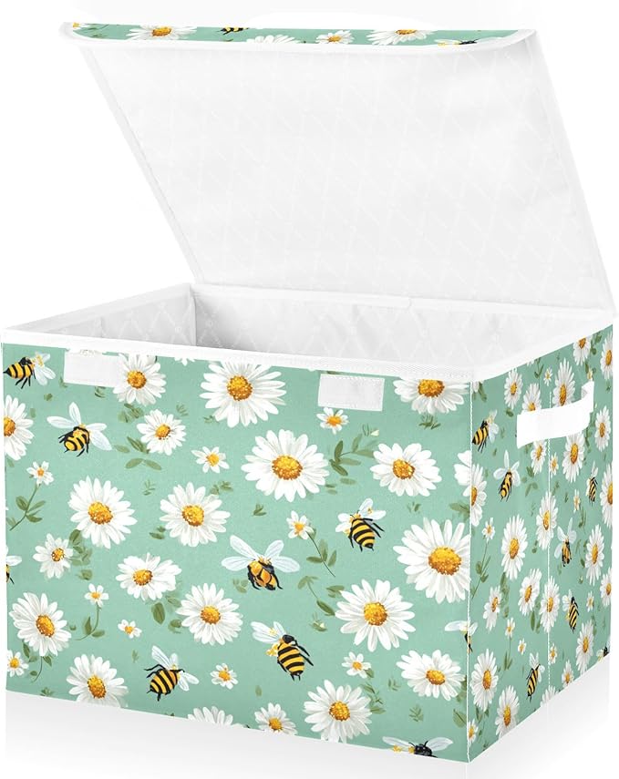Storage Bins with Lids Storage Containers Box Organizer Bin Basket with Handles for Closet Shelves Clothes Stackable Foldable Decorative Mint Green Daisy Flowers and Bees